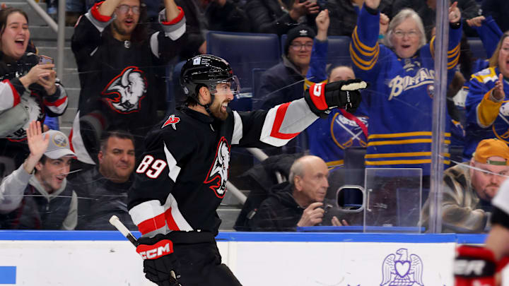 Apr 8, 2025; Buffalo, New York, USA;  Buffalo Sabres right wing Alex Tuch (89) reacts after scoring a shorthanded goal during the second period against the Carolina Hurricanes at KeyBank Center. Mandatory Credit: Timothy T. Ludwig-Imagn Images