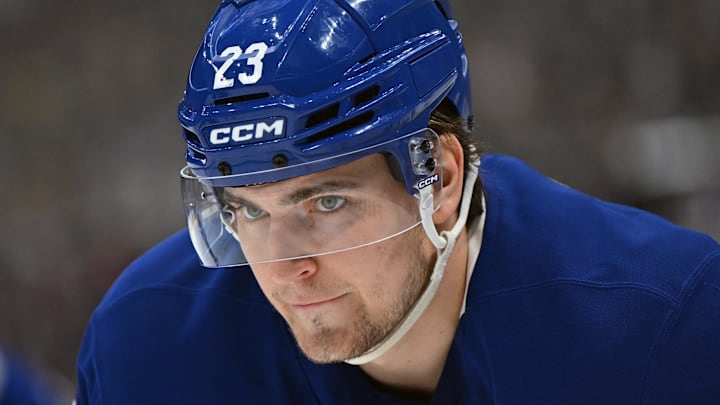Dec 23, 2025; Toronto, Ontario, CAN;  Toronto Maple Leafs forward Matthew Knies (23) prepares for a faceoff against the Pittsburgh Penguins in the third period at Scotiabank Arena. Mandatory Credit: Dan Hamilton-Imagn Images