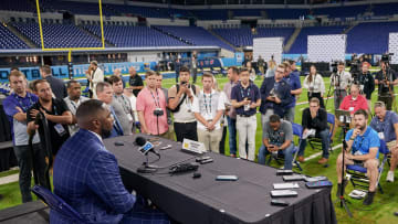 Jul 25, 2024; Indianapolis, IN, USA; Michigan Wolverines head coach Sherrone Moore speaks to the media during the Big 10 football media day at Lucas Oil Stadium. Mandatory Credit: Robert Goddin-USA TODAY Sports