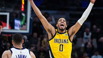 Mar 31, 2025; Indianapolis, Indiana, USA; Indiana Pacers guard Tyrese Haliburton (0) celebrates the game winning basket in the second half against the Sacramento Kings at Gainbridge Fieldhouse. Mandatory Credit: Trevor Ruszkowski-Imagn Images