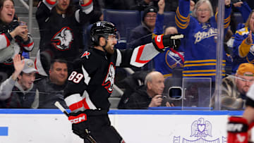 Apr 8, 2025; Buffalo, New York, USA;  Buffalo Sabres right wing Alex Tuch (89) reacts after scoring a shorthanded goal during the second period against the Carolina Hurricanes at KeyBank Center. Mandatory Credit: Timothy T. Ludwig-Imagn Images