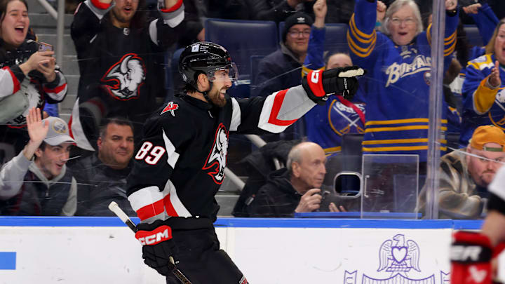 Apr 8, 2025; Buffalo, New York, USA;  Buffalo Sabres right wing Alex Tuch (89) reacts after scoring a shorthanded goal during the second period against the Carolina Hurricanes at KeyBank Center. Mandatory Credit: Timothy T. Ludwig-Imagn Images