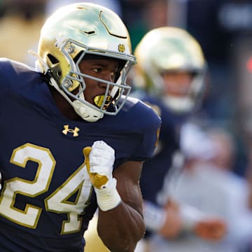 Notre Dame running back Jadarian Price runs the ball up the field during a NCAA college football game between Notre Dame and Northern Illinois at Notre Dame Stadium on Saturday, Sept. 7, 2024, in South Bend.