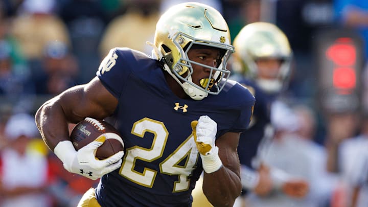 Notre Dame running back Jadarian Price runs the ball up the field during a NCAA college football game between Notre Dame and Northern Illinois at Notre Dame Stadium on Saturday, Sept. 7, 2024, in South Bend.