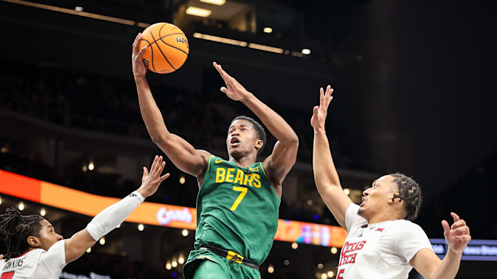 Mar 13, 2025; Kansas City, MO, USA; Baylor Bears guard VJ Edgecombe (7) shoots the ball during the second half against the Texas Tech Red Raiders at T-Mobile Center. Mandatory Credit: William Purnell-Imagn Images Mar 13, 2025; Kansas City, MO, USA; Baylor Bears guard VJ Edgecombe (7) shoots the ball during the second half against the Texas Tech Red Raiders at T-Mobile Center. Mandatory Credit: William Purnell-Imagn Images