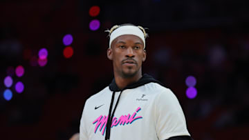 Jan 17, 2025; Miami, Florida, USA; Miami Heat forward Jimmy Butler (22) looks on before the game against the Denver Nuggets at Kaseya Center. Mandatory Credit: Sam Navarro-Imagn Images