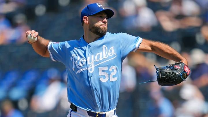 Jun 11, 2026; Kansas City, Missouri, USA; Kansas City Royals pitcher Michael Wacha (52) pitches during the first inning against the Texas Rangers at Kauffman Stadium. Mandatory Credit: Jay Biggerstaff-Imagn Images