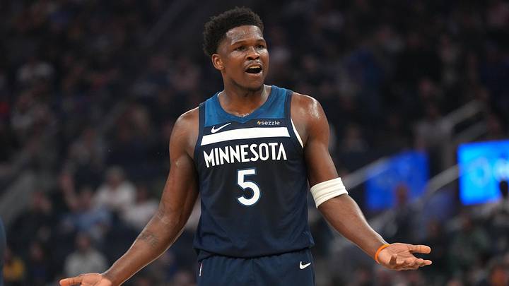 Mar 13, 2026; San Francisco, California, USA; Minnesota Timberwolves guard Anthony Edwards (5) reacts after being fouled against the Golden State Warriors in the first quarter at the Chase Center. Mandatory Credit: Cary Edmondson-Imagn Images