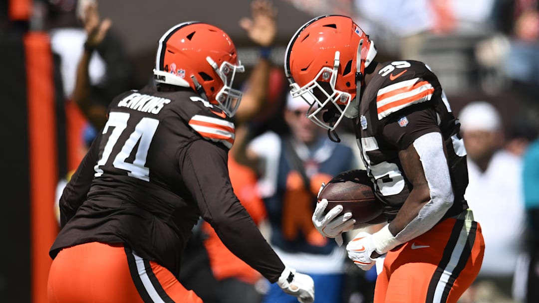 Sep 7, 2025; Cleveland, Ohio, USA; Cleveland Browns running back Raheim Sanders (35) celebrates with guard Teven Jenkins (74) after a touchdown during the first half against the Cincinnati Bengals at Huntington Bank Field. Mandatory Credit: Ken Blaze-Imagn Images