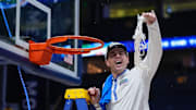 Florida head coach Todd Golden celebrates their win over Tennessee after the Southeastern Conference tournament championship at Bridgestone Arena in Nashville, Tenn., Sunday, March 16, 2025.