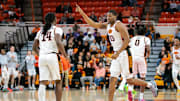Jan 7, 2025; Stillwater, Oklahoma, USA; Oklahoma State Cowboys forward Abou Ousmane (33) reacts after a play during the second half against the Kansas State Wildcats at Gallagher-Iba Arena. Mandatory Credit: William Purnell-Imagn Images