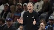 Nov 19, 2025; Minneapolis, Minnesota, USA; Washington Wizards head coach Brian Keefe looks on in the second half against the Minnesota Timberwolves at Target Center. Mandatory Credit: Jesse Johnson-Imagn Images