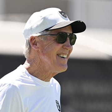 Jun 11, 2025; Henderson, NV, USA; Las Vegas Raiders head coach Pete Carroll looks on during Las Vegas Raiders Minicamp at Intermountain Health Performance Center. Mandatory Credit: Candice Ward-Imagn Images