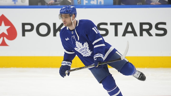 Jan 4, 2025; Toronto, Ontario, CAN; Toronto Maple Leafs forward Max Domi (11) skates during warm up before a game against the Boston Bruins at Scotiabank Arena. Mandatory Credit: John E. Sokolowski-Imagn Images