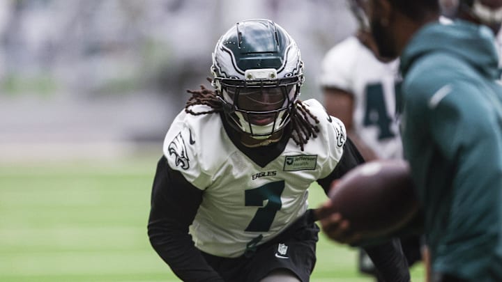 May 28, 2025; Philadelphia, PA, USA; Philadelphia Eagles Kelee Ringo (7) during OTAs at NovaCare Complex. Mandatory Credit: Bill Streicher-Imagn Images