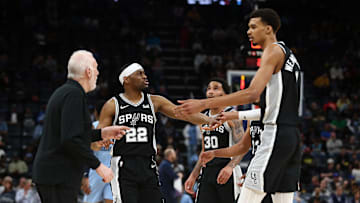Apr 9, 2024; Memphis, Tennessee, USA; San Antonio Spurs guard Malaki Branham (22) reacts with center Victor Wembanyama (1) after a basket during the second half against the Memphis Grizzlies at FedExForum. Mandatory Credit: Petre Thomas-Imagn Images