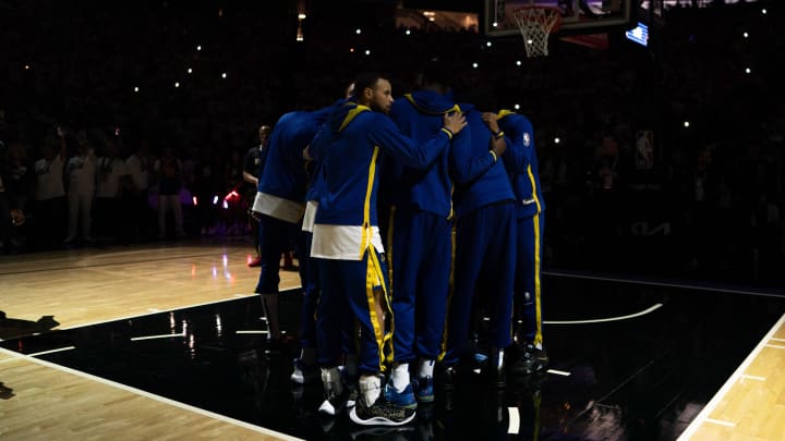 April 30, 2023; Sacramento, California, USA; Golden State Warriors guard Stephen Curry (30) huddles with his teammates before game seven of the 2023 NBA playoffs first round against the Sacramento Kings at Golden 1 Center. Mandatory Credit: Kyle Terada-USA TODAY Sports