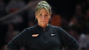 Tennessee basketball coach Kim Caldwell during the NCAA college basketball game against South Carolina on Monday, Jan. 27, 2025, in Knoxville, Tenn.