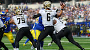 Nov 2, 2025; Inglewood, California, USA; New Orleans Saints quarterback Tyler Shough (6) throws downfield against the Los Angeles Rams during the first half at SoFi Stadium. Mandatory Credit: Kiyoshi Mio-Imagn Images