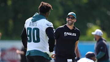 Jul 23, 2025; Philadelphia, PA, USA; Philadelphia Eagles head coach Nick Sirianni reacts with defensive tackle Jordan Davis (90) during training camp at NovaCare Complex. Mandatory Credit: Kyle Ross-Imagn Images