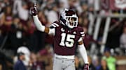Mississippi State Bulldogs defensive back Jayven Williams (15) reacts during the fourth quarter against the Texas Longhorns at Davis Wade Stadium at Scott Field.