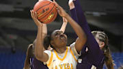 Waco La Vega's Solange Loadholt attempts to shoot the ball against Canyon in the girls basketball Class 4A state championship, Saturday, March 2, 2024, at the Alamodome in San Antonio.