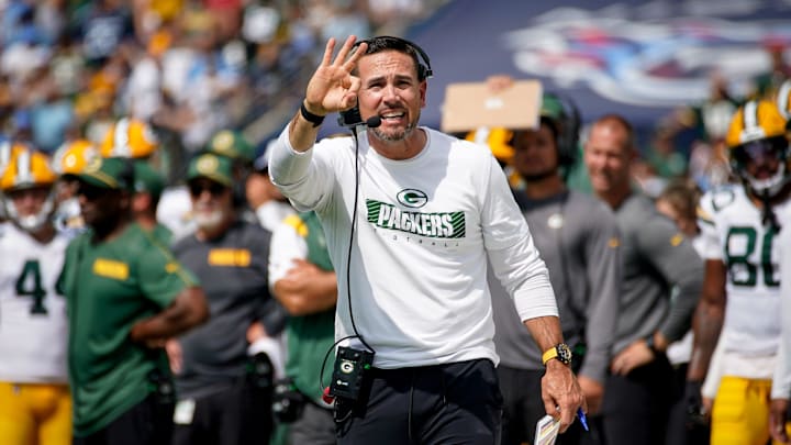 Green Bay Packers head coach Matt LaFleur calls for a time out during the second quarter against the Tennessee Titans at Nissan Stadium in Nashville, Tenn., Sunday, Sept. 22, 2024.