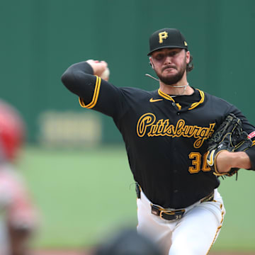 Pittsburgh, Pennsylvania, USA; Pittsburgh Pirates starting pitcher Paul Skenes (30) delivers a pitch to St. Louis Cardinals first baseman Willson Contreras (40) during the first inning at PNC Park.