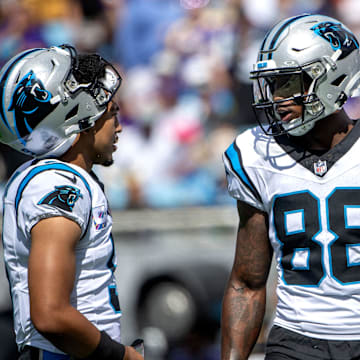 Oct 1, 2023; Charlotte, North Carolina, USA; Carolina Panthers quarterback Bryce Young (9) with wide receiver Terrace Marshall Jr. (88) in the second quarter at Bank of America Stadium. Mandatory Credit: Bob Donnan-Imagn Images