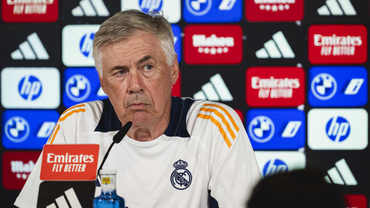 Carlo Ancelotti, head coach of Real Madrid speaks during the... Carlo Ancelotti, head coach of Real Madrid speaks during the...