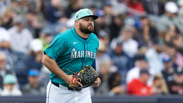 Mar 3, 2025; Peoria, Arizona, USA; Seattle Mariners first baseman Rowdy Tellez against the Cleveland Guardians during a spring training game at Peoria Sports Complex. Mandatory Credit: Mark J. Rebilas-Imagn Images