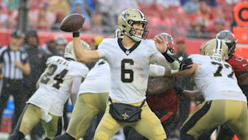 Dec 7, 2025; Tampa, Florida, USA; New Orleans Saints quarterback Tyler Shough (6) throws downfield during the third quarter against the Tampa Bay Buccaneers at Raymond James Stadium. Mandatory Credit: Kim Klement Neitzel-Imagn Images