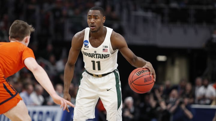 Mar 16, 2018; Detroit, MI, USA;  Michigan State Spartans guard Lourawls Nairn Jr. (11) moves down the court in the first half against the Bucknell Bison in the first round of the 2018 NCAA Tournament at Little Caesars Arena. Mandatory Credit: Raj Mehta-USA TODAY Sports