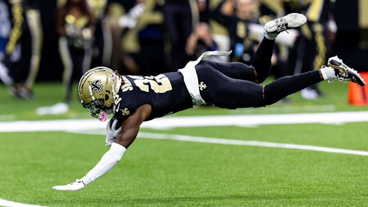 New Orleans Saints wide receiver Rashid Shaheed (22) catches a pass for a touchdown against the Carolina Panthers during the first half at Caesars Superdome