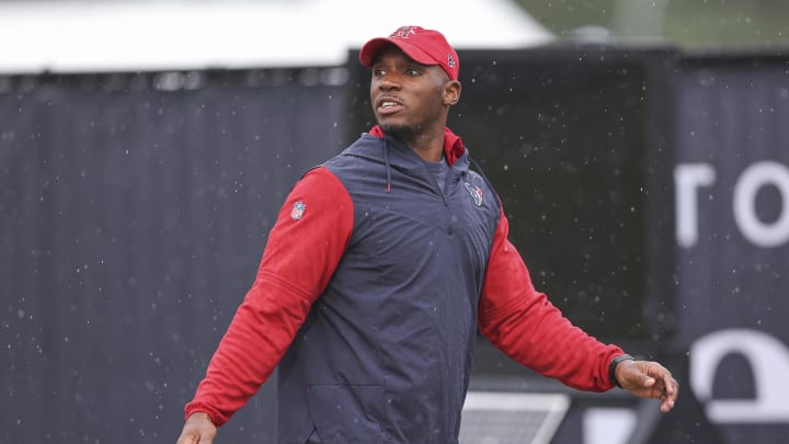 Jul 27, 2024; Houston, TX, USA; Houston Texans head coach DeMeco Ryans walks on the field before training camp at Houston Methodist Training Center. Mandatory Credit: Troy Taormina-USA TODAY Sports