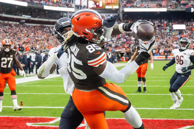 Tight end catches touchdown pass.