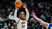Mar 22, 2025; Storrs, Connecticut, USA; Oklahoma State Cowgirls guard Stailee Heard (32) shoots the ball against the South Dakota State Jackrabbits in the first half at Harry A. Gampel Pavilion. Mandatory Credit: David Butler II-Imagn Images
