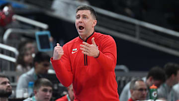 Mar 12, 2025; Indianapolis, IN, USA; Ohio State Buckeyes head coach Jake Diebler reacts to a play during the first half against the Iowa Hawkeyes at Gainbridge Fieldhouse. Mandatory Credit: Robert Goddin-Imagn Images