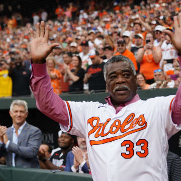 Former Baltimore Oriole and Hall of Famer Eddie Murray is introduced during pregame ceremonies honoring the 1983 World Champion Baltimore Orioles prior to the game against the New York Metsat Oriole Park at Camden Yards. 
