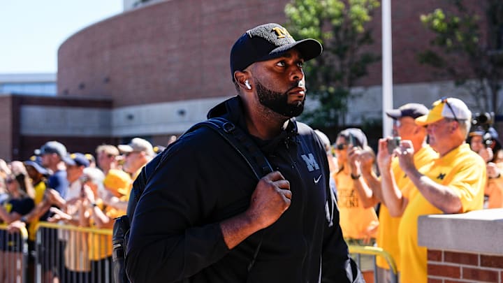 Michigan head coach Sherrone Moore arrives with the team before the USC game at Michigan Stadium in Ann Arbor on Saturday, Sept. 21, 2024.