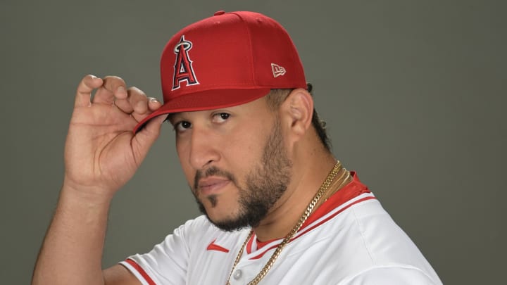 Los Angeles Angels relief pitcher Carlos Estévez poses for a picture at media day.