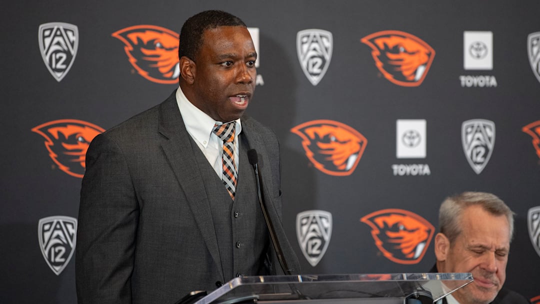 Oregon State head coach JaMarcus Shephard speaks during his introductory press conference at Reser Stadium on Tuesday, Dec. 2, 2025, in Corvallis, Ore.