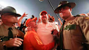 Josh Heupel exits the field after winning a game between Tennessee and Alabama at Neyland Stadium in Knoxville, Tenn., Saturday, Oct. 19, 2024. (Amidst the chaos of the field storming I realized I could get in the line of Heupel coming off the field. It's hard to get a coach shot during a field storming so I was glad to be in the right place at the right time.)
