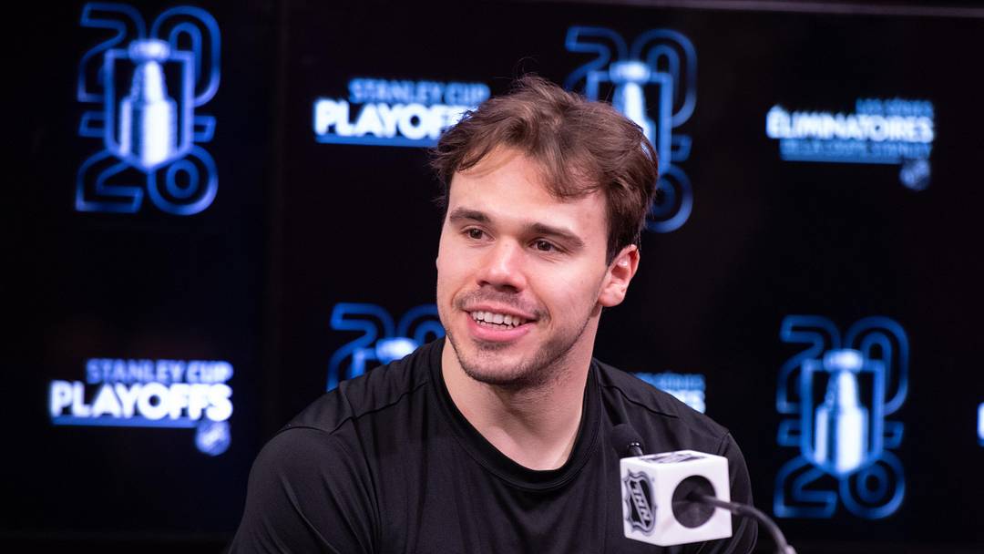 Apr 25, 2026; Ottawa, Ontario, CAN; Carolina Hurricanes center Logan Stankoven (22) speaks to the media following their win against the Ottawa Senators in game four of the first round of the 2026 Stanley Cup Playoffs at the Canadian Tire Centre. Mandatory Credit: Marc DesRosiers-Imagn