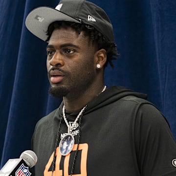 Memphis wideout Roc Taylor talks to the press during the 2025 NFL Combine