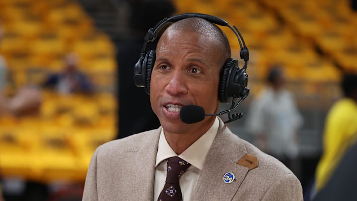Former Indiana Pacers guard Reggie Miller speaks on a broadcast of during the 2025 NBA Playoffs.