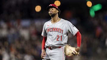 Apr 7, 2025; San Francisco, California, USA;  Cincinnati Reds starting pitcher Hunter Greene (21) reacts after throwing against the San Francisco Giants during the ninth inning at Oracle Park. Mandatory Credit: John Hefti-Imagn Images