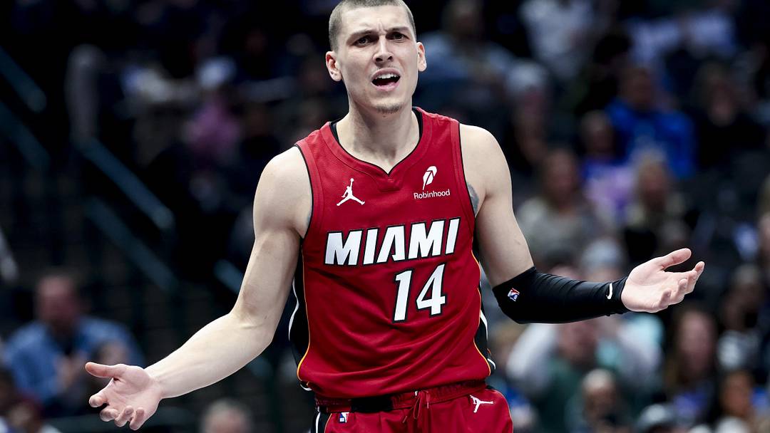 Miami Heat guard Tyler Herro (14) reacts  (Mandatory Credit: Kevin Jairaj-Imagn Images)