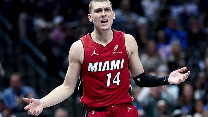 Miami Heat guard Tyler Herro (14) reacts  (Mandatory Credit: Kevin Jairaj-Imagn Images)