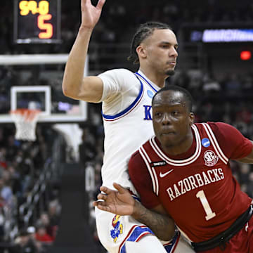 Arkansas Razorbacks guard Johnell Davis (1) controls the ball during the second half against the Kansas Jayhawks at Amica Mutual Pavilion. 